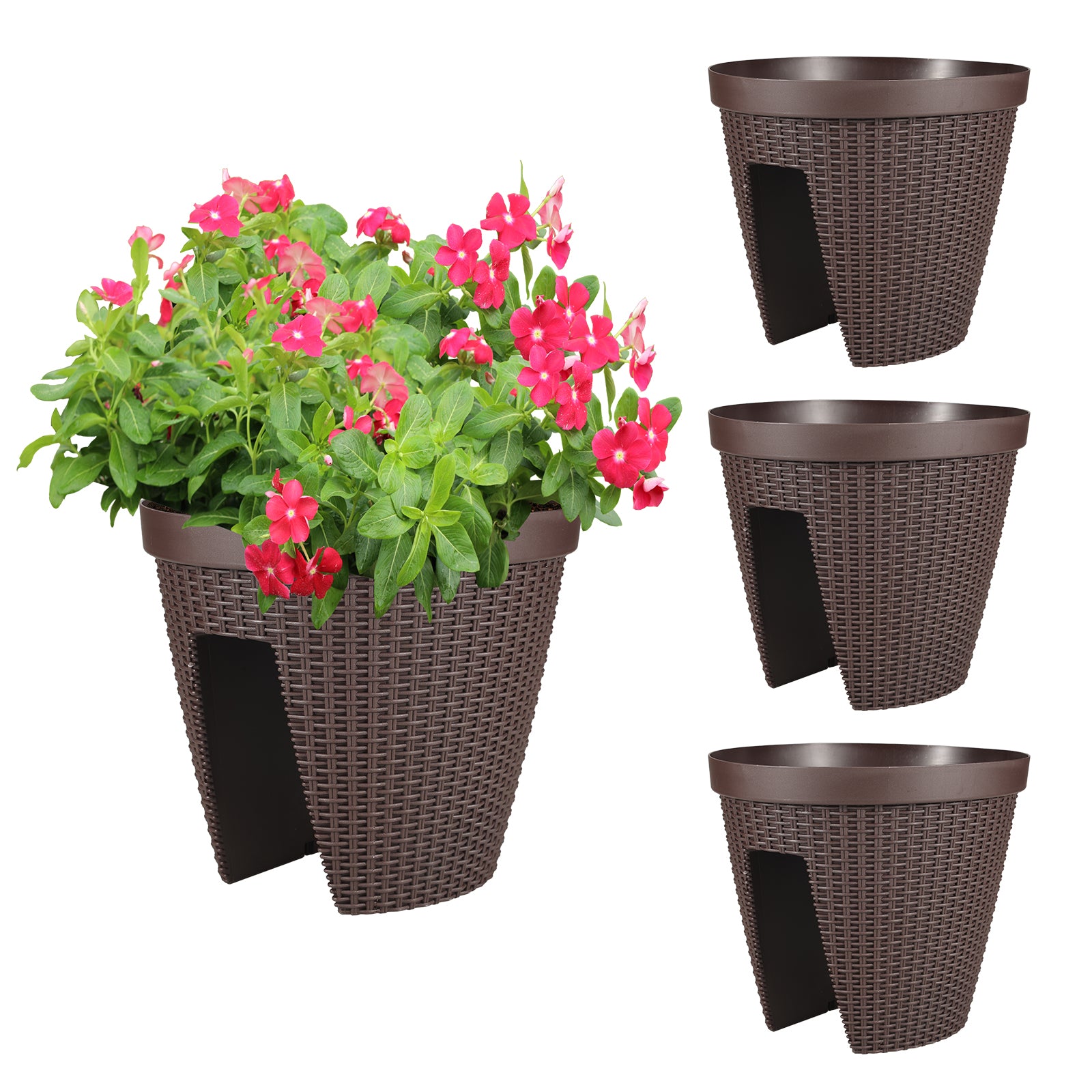 12 inch Balcony Rattan Railing Planter Box with Adjustable Brackets - Set of 4 - Aoodor